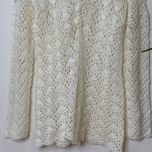 Soft Surroundings Ivory White Open Crochet Knit Scallop Button Tunic Top Sweater - Picture 5 of 17